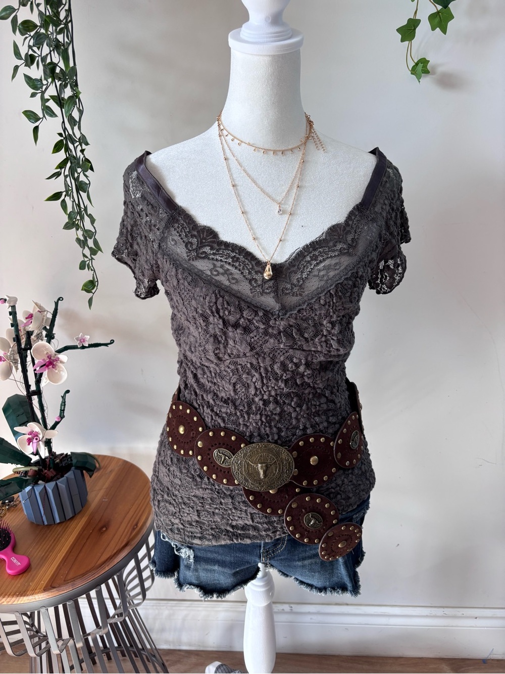 CAbi Brown Lace-Trim Crinkle Camisole